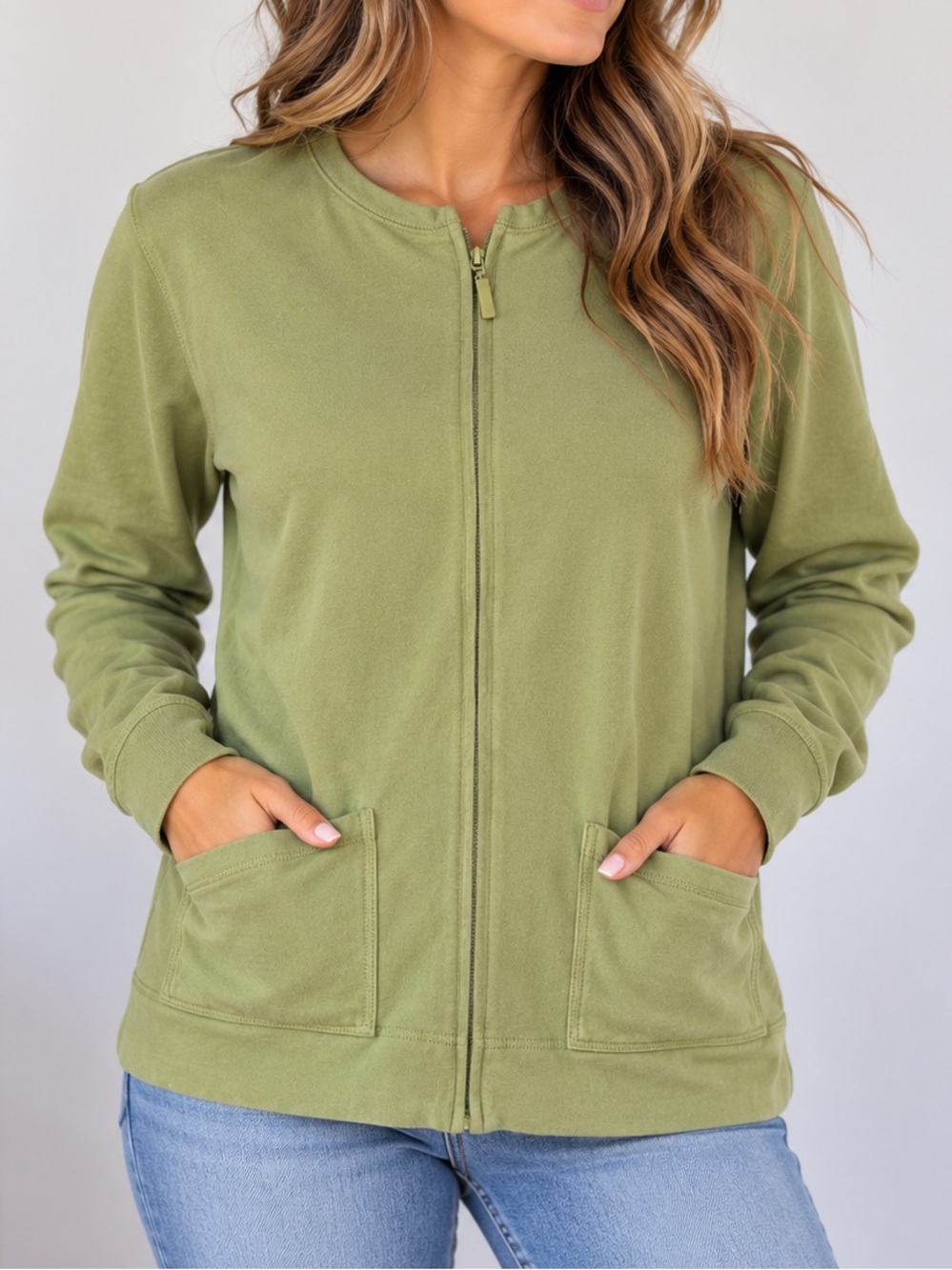 Eileen Fisher Green Organic Cotton Zip Front Cardigan Jacket Size Small Casual